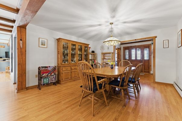 Dining room, Interior, Pendant Lights, Wooden Beams, Wood Texture Flooring