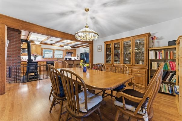 Chandelier, Dining room, Interior, Kitchen, Pendant Lights, Stone Walls, Wooden Beams, Wood Texture Flooring
