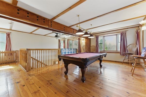 Billiard Table, Game Room, Interior, Pendant Lights, Wooden Beams, Wood Texture Flooring