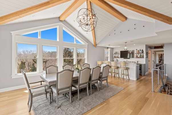 Chandelier, Dining room, Interior, Pendant Lights, Wooden Beams, Wood Texture Flooring