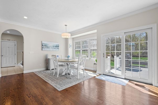 Dining room, Interior, Pendant Lights, Recessed Lighting, Wood Texture Flooring