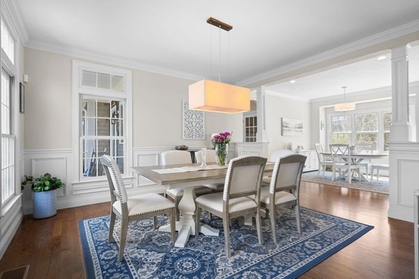 Dining room, Interior, Pendant Lights, Wood Texture Flooring