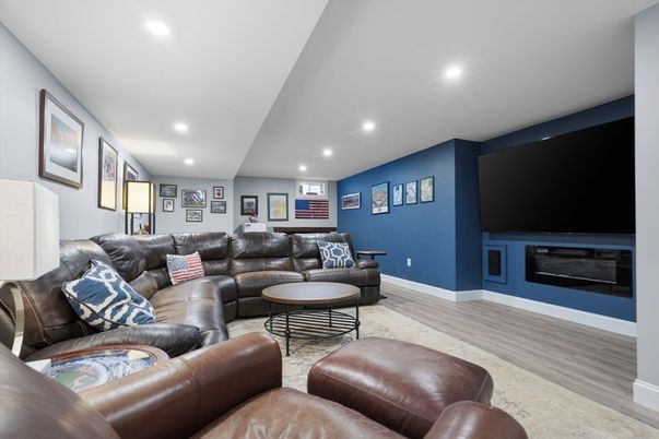 Fireplace, Interior, Living room, Recessed Lighting, Wood Texture Flooring