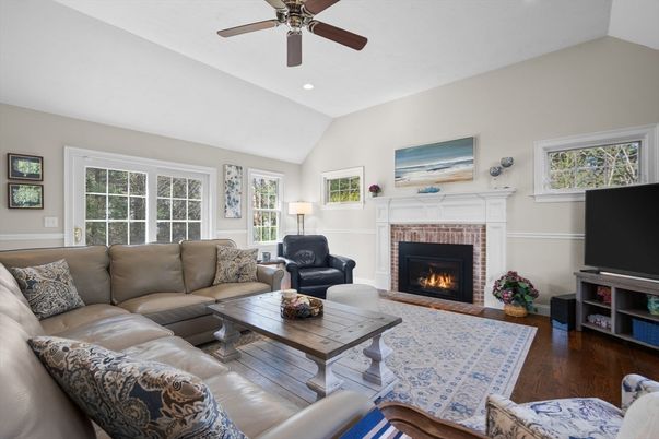 Fireplace, Interior, Living room, Recessed Lighting, Wood Texture Flooring
