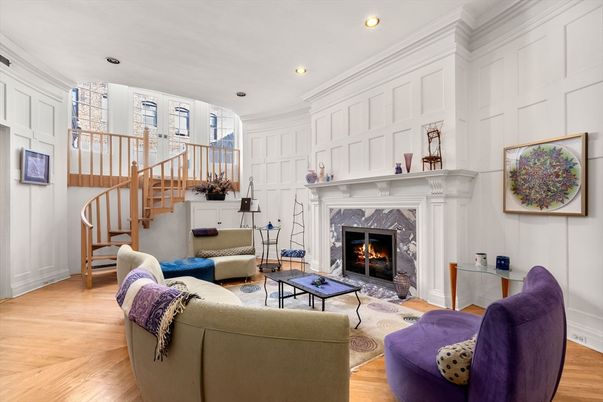 Fireplace, Interior, Living room, Recessed Lighting, Wood Texture Flooring