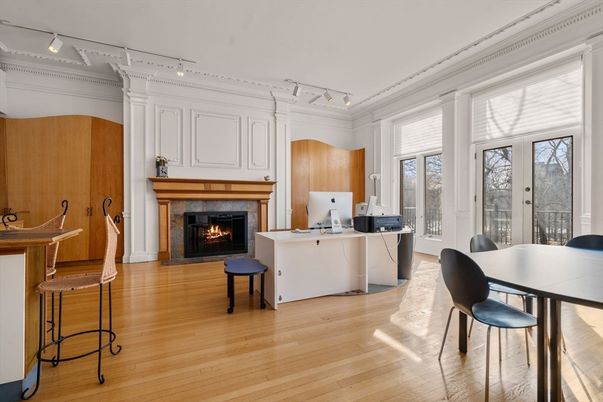 Dining room, Fireplace, Interior, Wood Texture Flooring, Wooden Walls