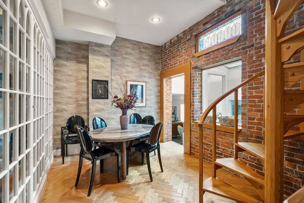 Dining room, Interior, Recessed Lighting, Stone Walls, Wood Texture Flooring