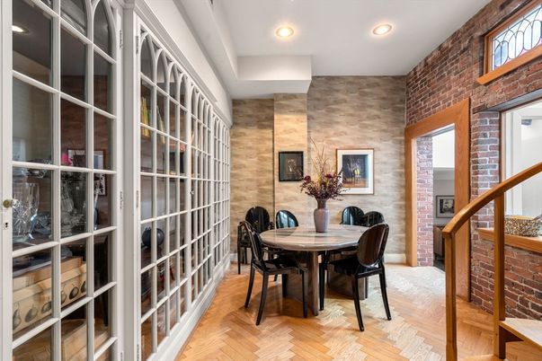 Dining room, Interior, Recessed Lighting, Stone Walls, Wood Texture Flooring