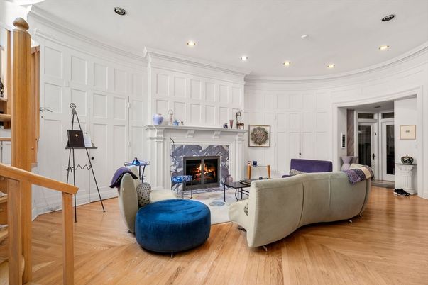Fireplace, Interior, Living room, Recessed Lighting, Wood Texture Flooring