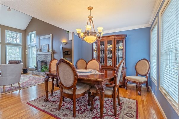 Chandelier, Dining room, Fireplace, Interior, Wood Texture Flooring