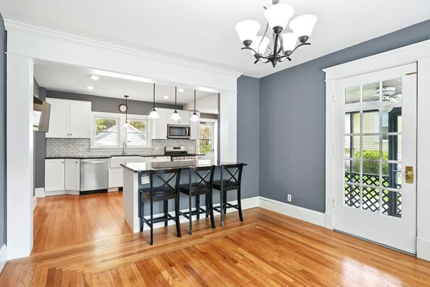 Chandelier, Interior, Kitchen, Pendant Lights, Recessed Lighting, Stainless Steel Appliances, Wood Texture Flooring