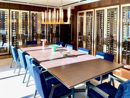 Dining room, Interior, Pendant Lights, Wine Storage, Wood Texture Flooring