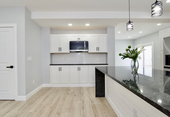 Interior, Kitchen, Pendant Lights, Recessed Lighting, Wood Texture Flooring