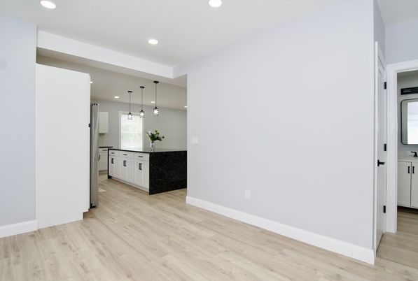 Empty room, Interior, Kitchen, Pendant Lights, Recessed Lighting, Wood Texture Flooring