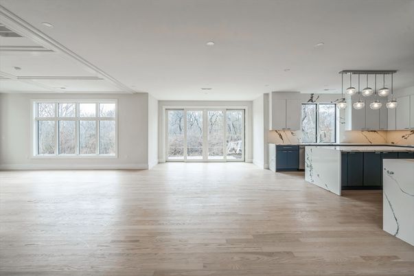 Interior, Kitchen, Marble Walls, Pendant Lights, Recessed Lighting, Wood Texture Flooring