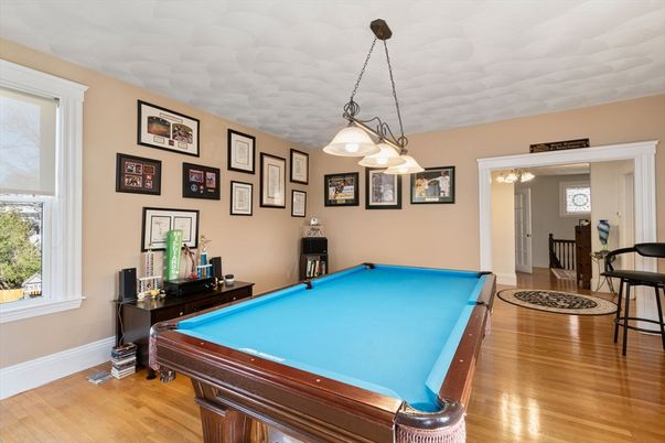 Billiard Table, Game Room, Interior, Pendant Lights, Wood Texture Flooring