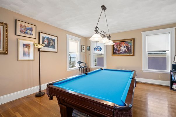 Billiard Table, Game Room, Interior, Pendant Lights, Wood Texture Flooring
