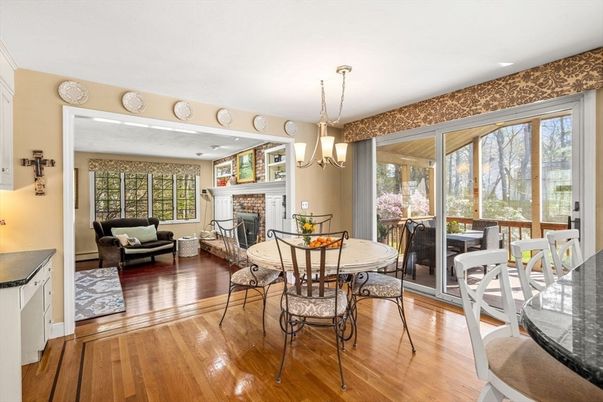 Dining room, Fireplace, Interior, Living room, Pendant Lights, Recessed Lighting, Wood Texture Flooring