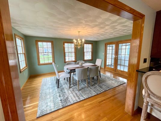Chandelier, Dining room, Interior, Wood Texture Flooring