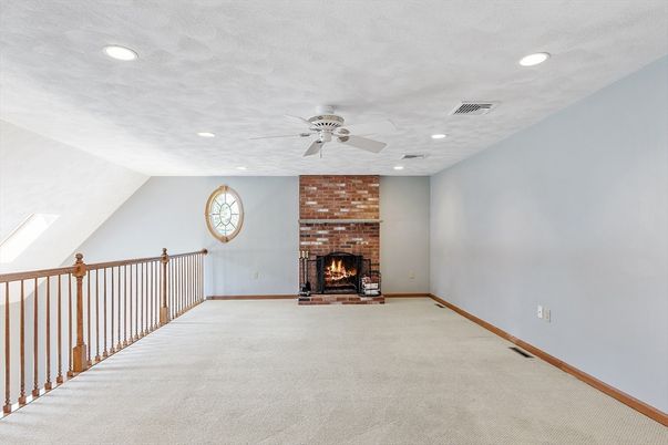 Empty room, Fireplace, Interior, Recessed Lighting, Stone Walls