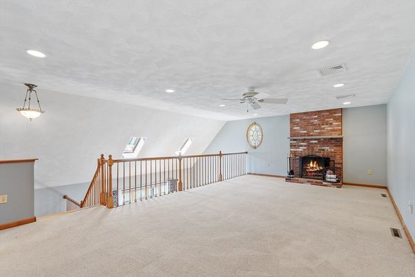Empty room, Fireplace, Interior, Pendant Lights, Recessed Lighting, Stone Walls