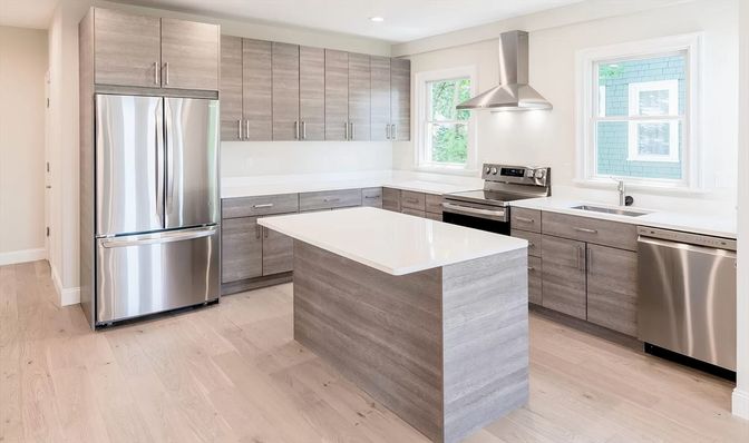 Interior, Kitchen, Recessed Lighting, Stainless Steel Appliances, Wood Texture Flooring