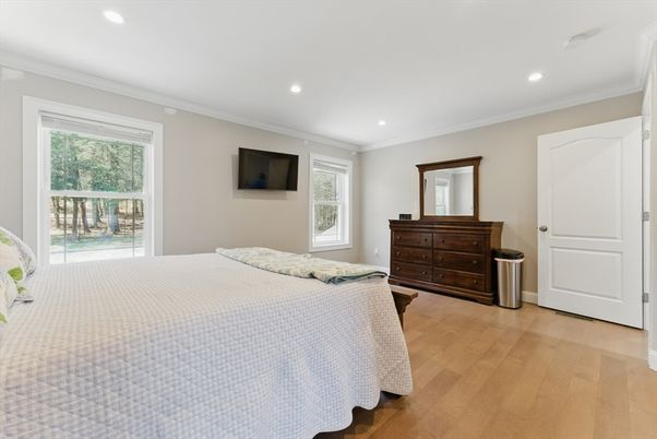 Bedroom, Interior, Recessed Lighting, Wood Texture Flooring