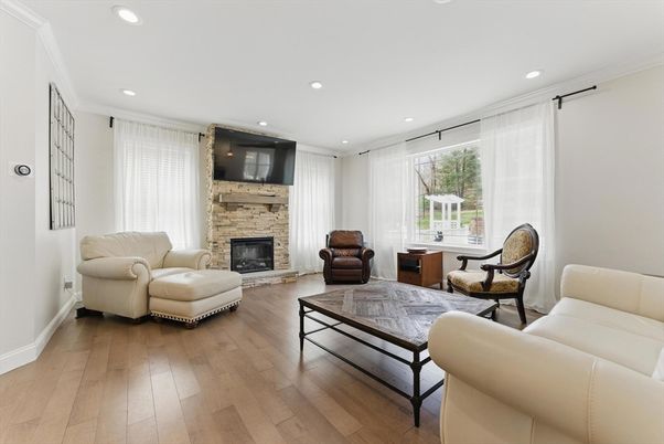 Fireplace, Interior, Living room, Recessed Lighting, Wood Texture Flooring