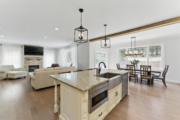 Dining room, Fireplace, Interior, Kitchen, Living room, Pendant Lights, Recessed Lighting, Stone Walls, Wood Texture Flooring