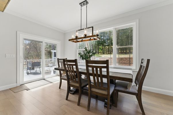 Dining room, Interior, Pendant Lights, Wood Texture Flooring