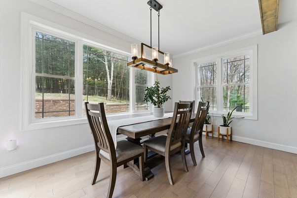 Dining room, Interior, Pendant Lights, Wooden Beams, Wood Texture Flooring