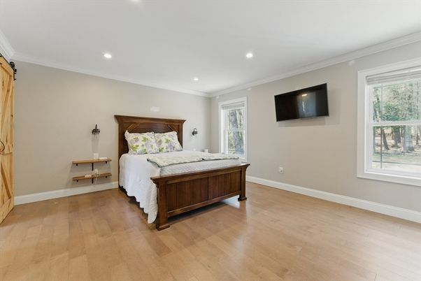 Bedroom, Interior, Recessed Lighting, Wood Texture Flooring