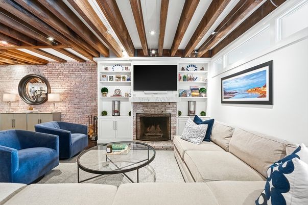 Fireplace, Interior, Living room, Recessed Lighting, Stone Walls, Wooden Beams