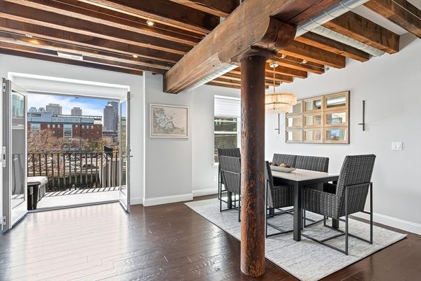 Chandelier, Dining room, Interior, Wooden Beams, Wood Texture Flooring