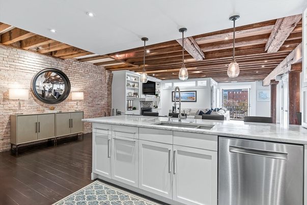 Interior, Kitchen, Living room, Pendant Lights, Recessed Lighting, Stainless Steel Appliances, Stone Walls, Wooden Beams, Wooden Ceilings, Wood Texture Flooring