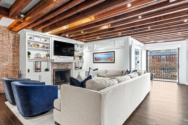 Fireplace, Interior, Living room, Recessed Lighting, Stone Walls, Wooden Beams, Wood Texture Flooring