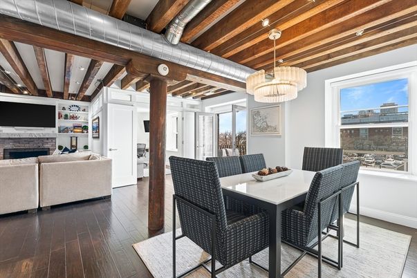 Dining room, Fireplace, Interior, Living room, Pendant Lights, Wooden Beams, Wooden Ceilings, Wood Texture Flooring