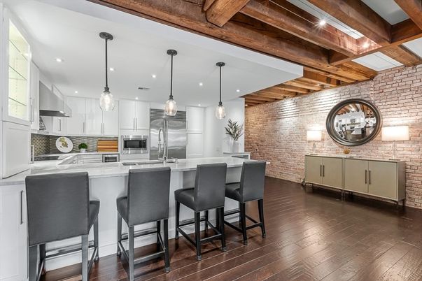 Interior, Kitchen, Pendant Lights, Recessed Lighting, Stainless Steel Appliances, Stone Walls, Wooden Beams, Wooden Ceilings, Wood Texture Flooring