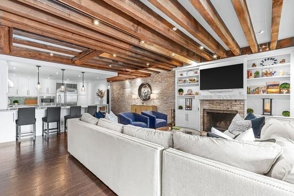 Fireplace, Interior, Kitchen, Living room, Pendant Lights, Recessed Lighting, Stone Walls, Wooden Beams, Wooden Ceilings, Wood Texture Flooring