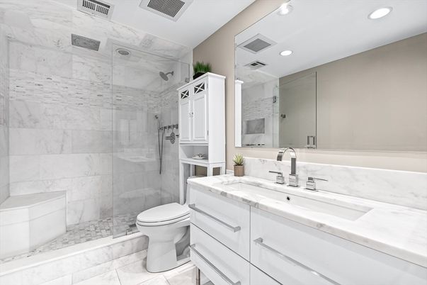 Bathroom, Glass Shower, Interior, Marble, Marble Walls, Recessed Lighting