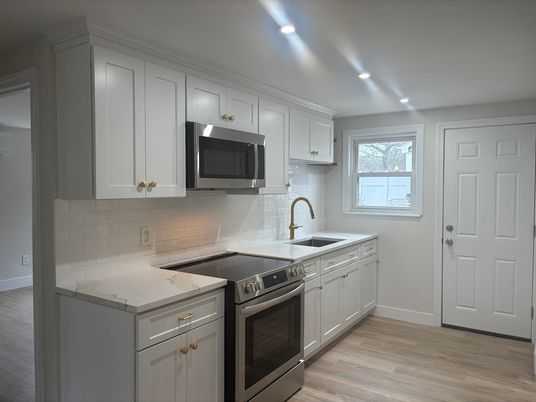 Interior, Kitchen, Recessed Lighting, Stainless Steel Appliances, Wood Texture Flooring