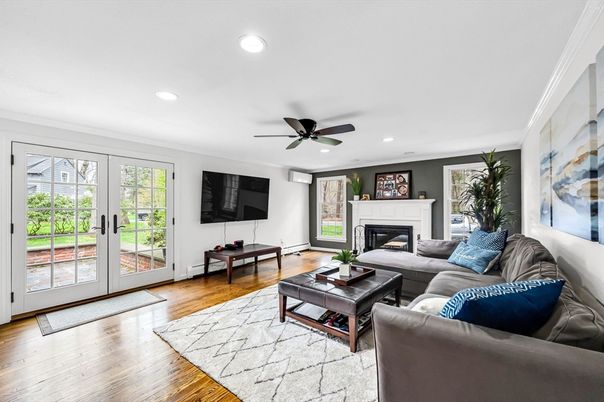 Fireplace, Interior, Living room, Recessed Lighting, Wood Texture Flooring