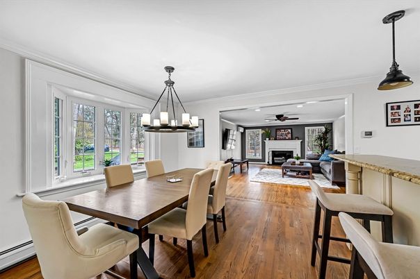Chandelier, Dining room, Fireplace, Interior, Living room, Pendant Lights, Wood Texture Flooring