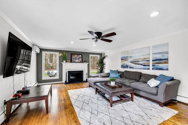 Fireplace, Interior, Living room, Recessed Lighting, Wood Texture Flooring