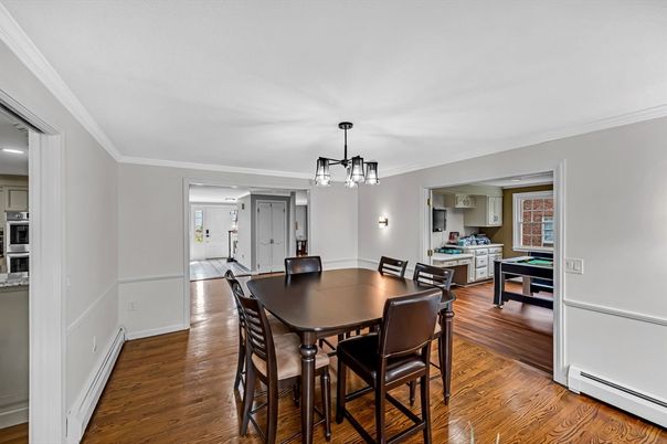 Dining room, Interior, Kitchen, Pendant Lights, Wood Texture Flooring