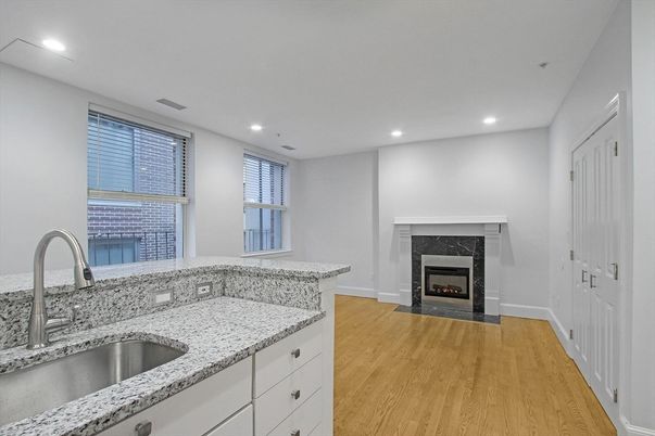 Fireplace, Interior, Recessed Lighting, Wood Texture Flooring