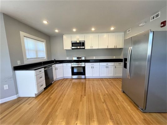 Interior, Kitchen, Recessed Lighting, Stainless Steel Appliances, Wood Texture Flooring