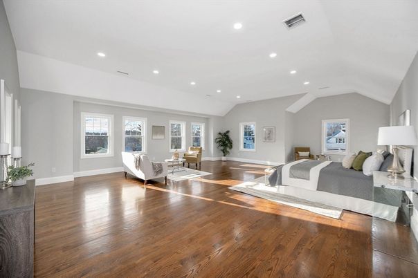Bedroom, Interior, Living room, Recessed Lighting, Wood Texture Flooring