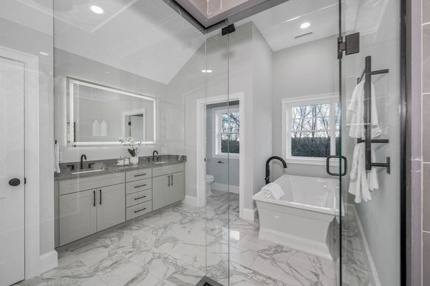 Bathroom, Dual Sink Vanities, Free Standing Baths, Glass Shower, Interior, Marble, Recessed Lighting