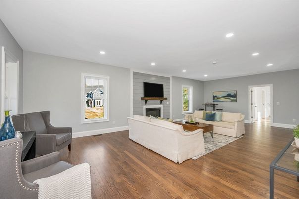 Fireplace, Interior, Living room, Recessed Lighting, Wood Texture Flooring